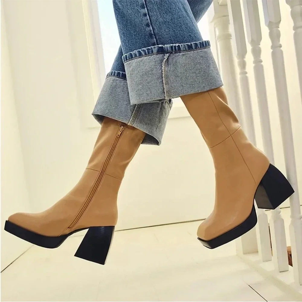 Jeffrey Campbell Dauphin Over The Knee Tan Boots Square Toe Platform Heel 8.5